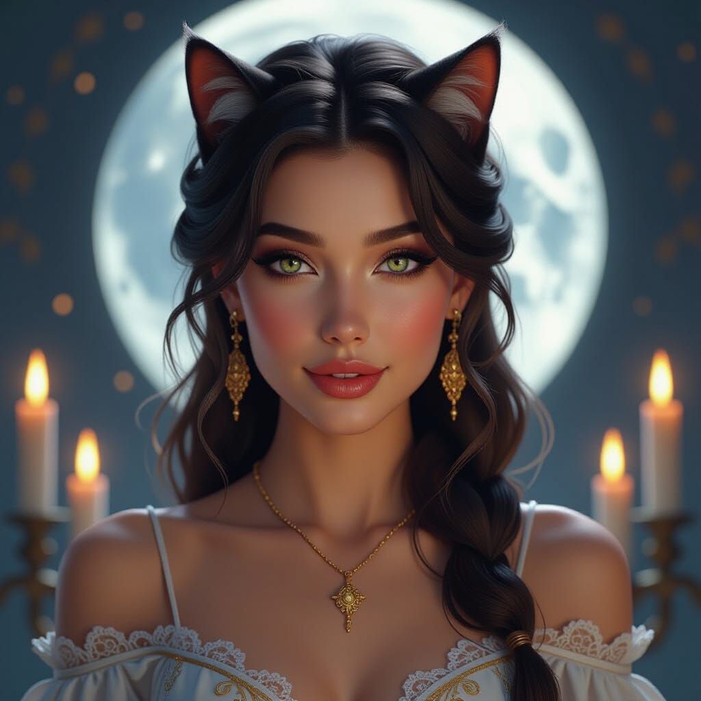 Moonlit Woman with Cat Eyes in Ornate Attire