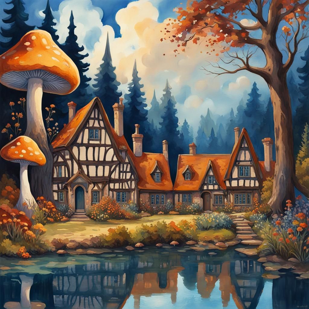 Gothic Cottagecore Village in Autumn Sunlight