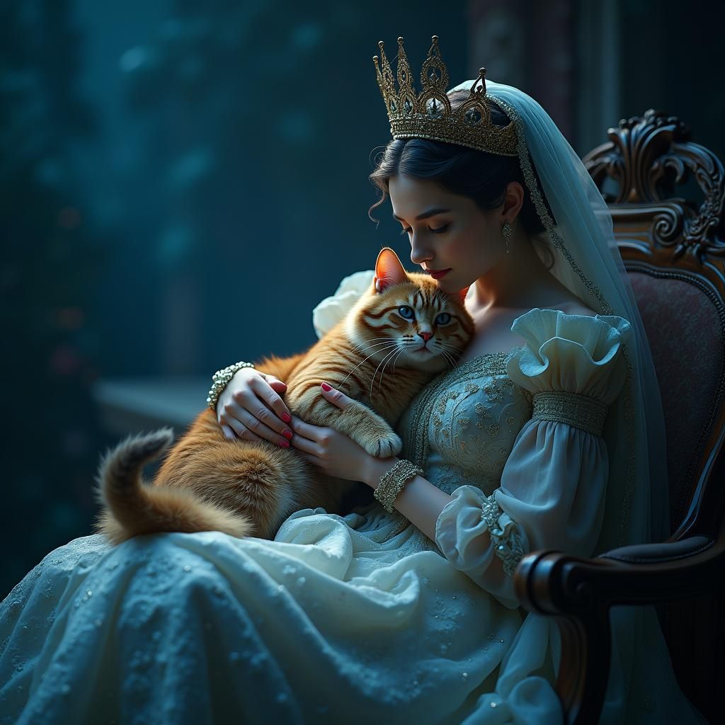 Queen with Cat: Hyper-Realistic Dreamlike Portrait