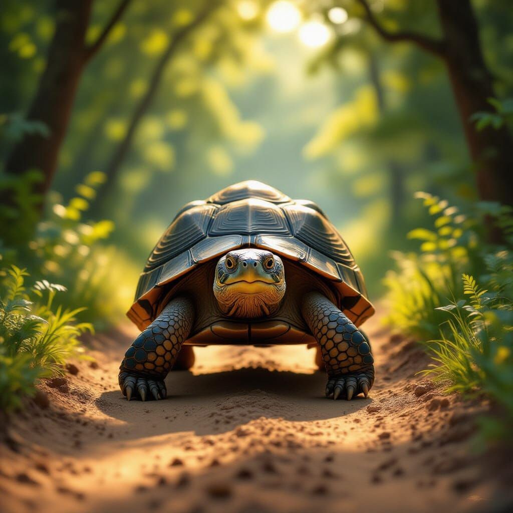 Ancient Turtle Walks Forest Path in Hyperrealistic Digital P...