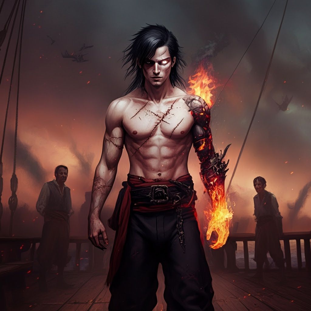 Pirate with Fire Hand in Detailed Matte Painting Style