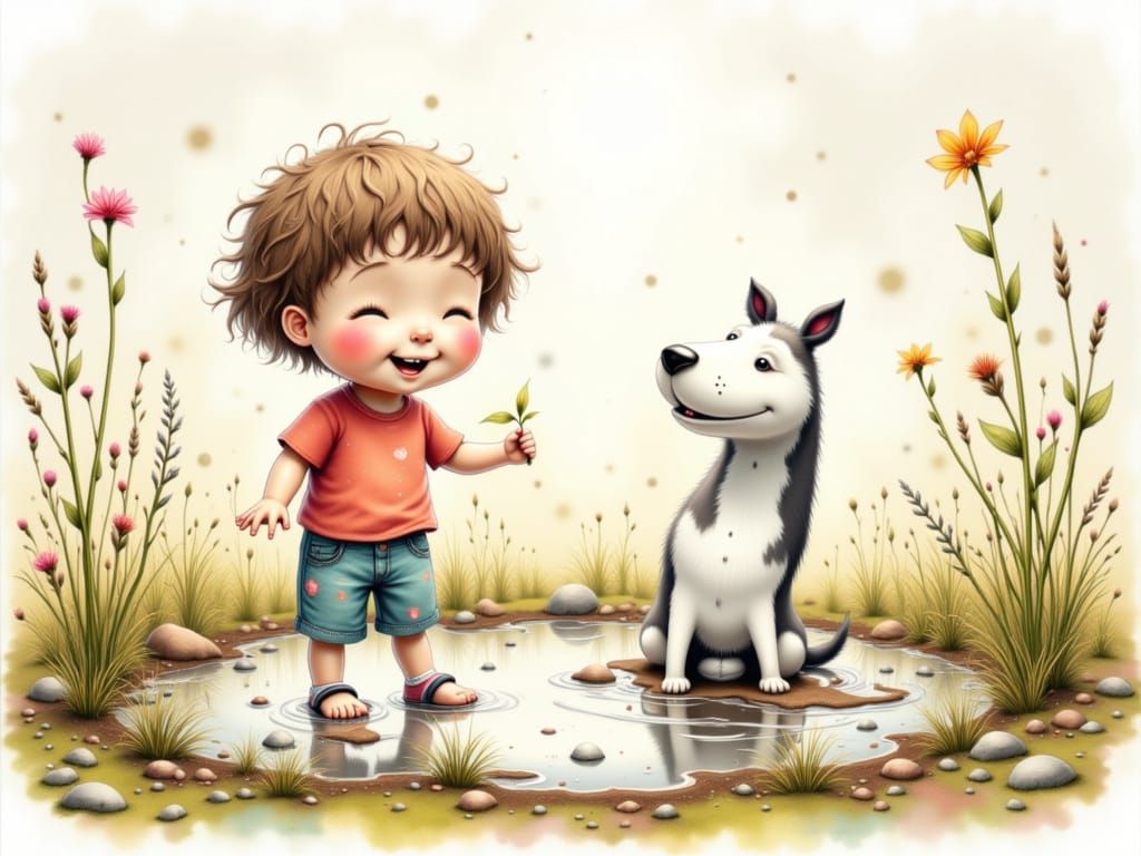 Happy Child and Dog Play in Mud Puddle, Kidcore Watercolor