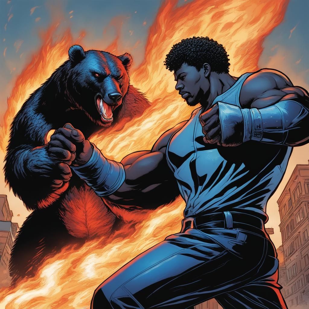 Fiery Fist Hero Battles Bear Creature in Comic Art