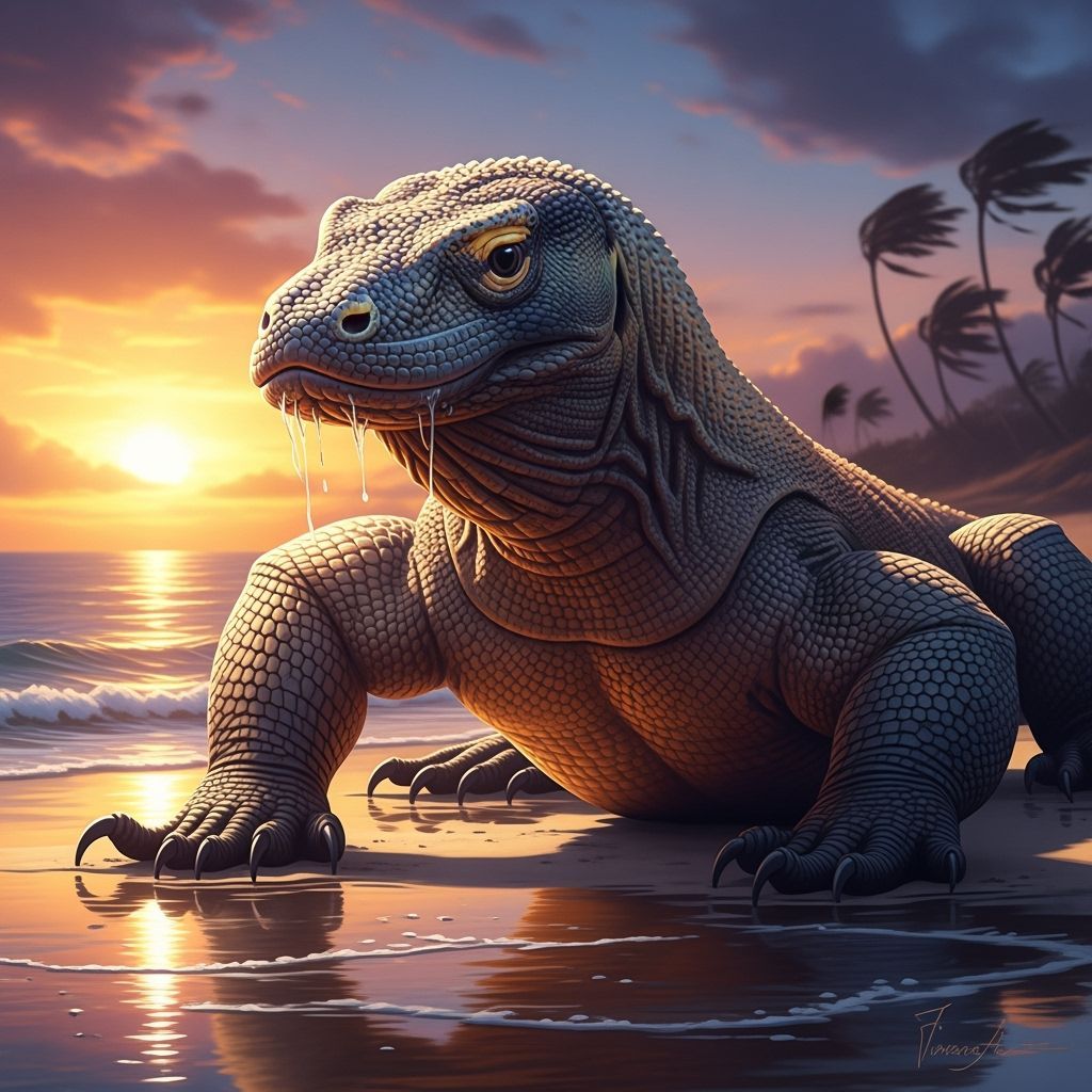 Komodo Dragon on Tropical Beach at Sunset Splash Art