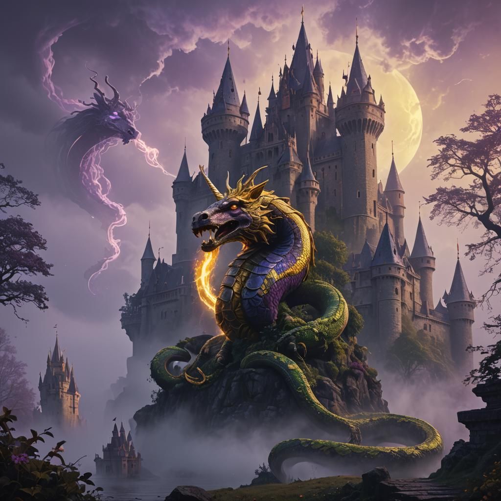 Serpent and Unicorn Castle in Fog, Digital Art
