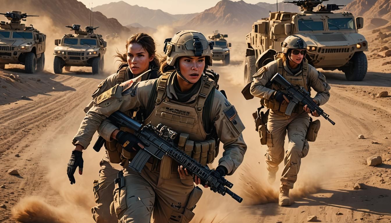 Elite Marines Charging in Afghan Desert, Hyperrealistic Art