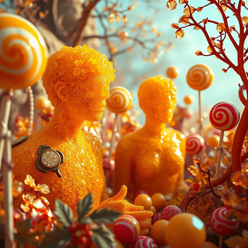Hyperrealistic Caramel People in Whimsical Candy Kingdom