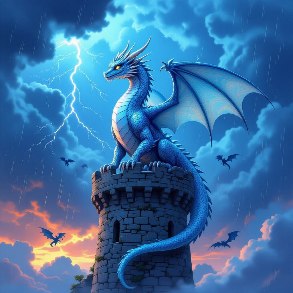 Iridescent Dragon on Tower in Stormy Sky