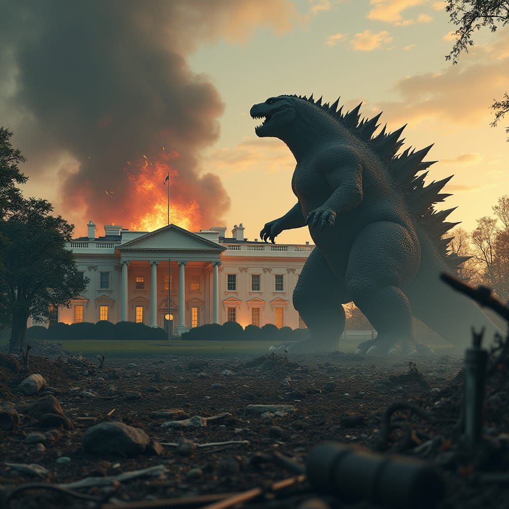 Godzilla Triumphs Over Smoldering White House Ruins