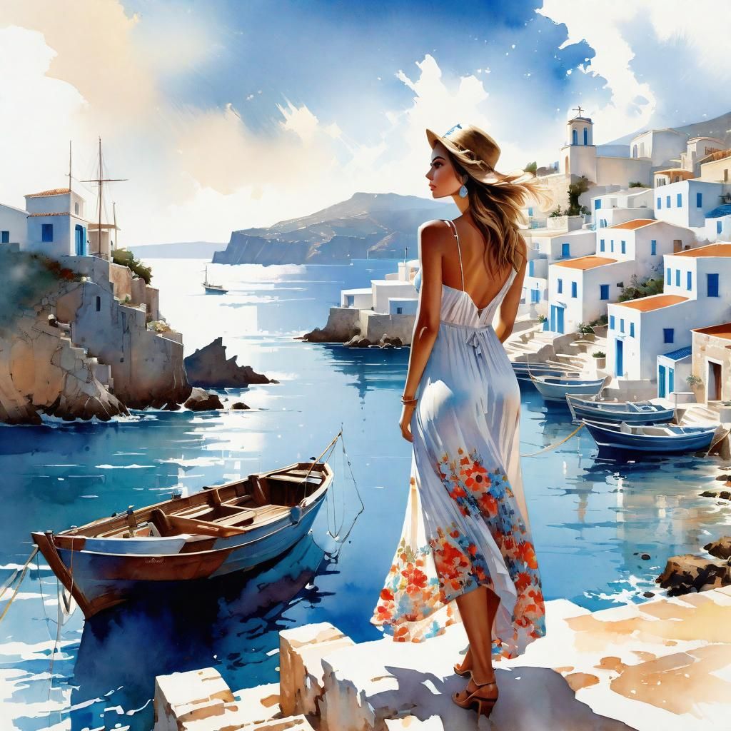 Woman in Sundress in Greek Fishing Village