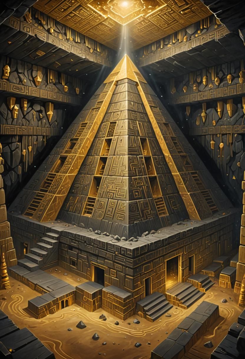 Golden Pyramid in Dark Cave with Magical Energy