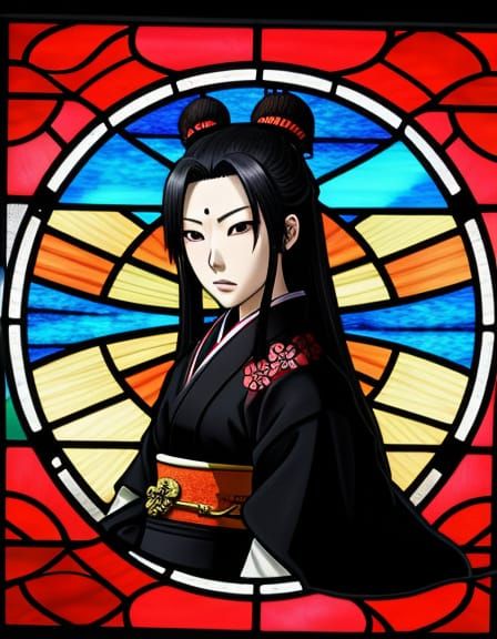 Elegant Female Samurai in Vibrant Stained Glass Anime Style