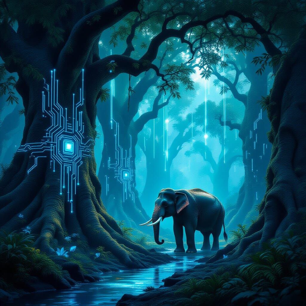 Bioluminescent Elephant in Cyberpunk Forest