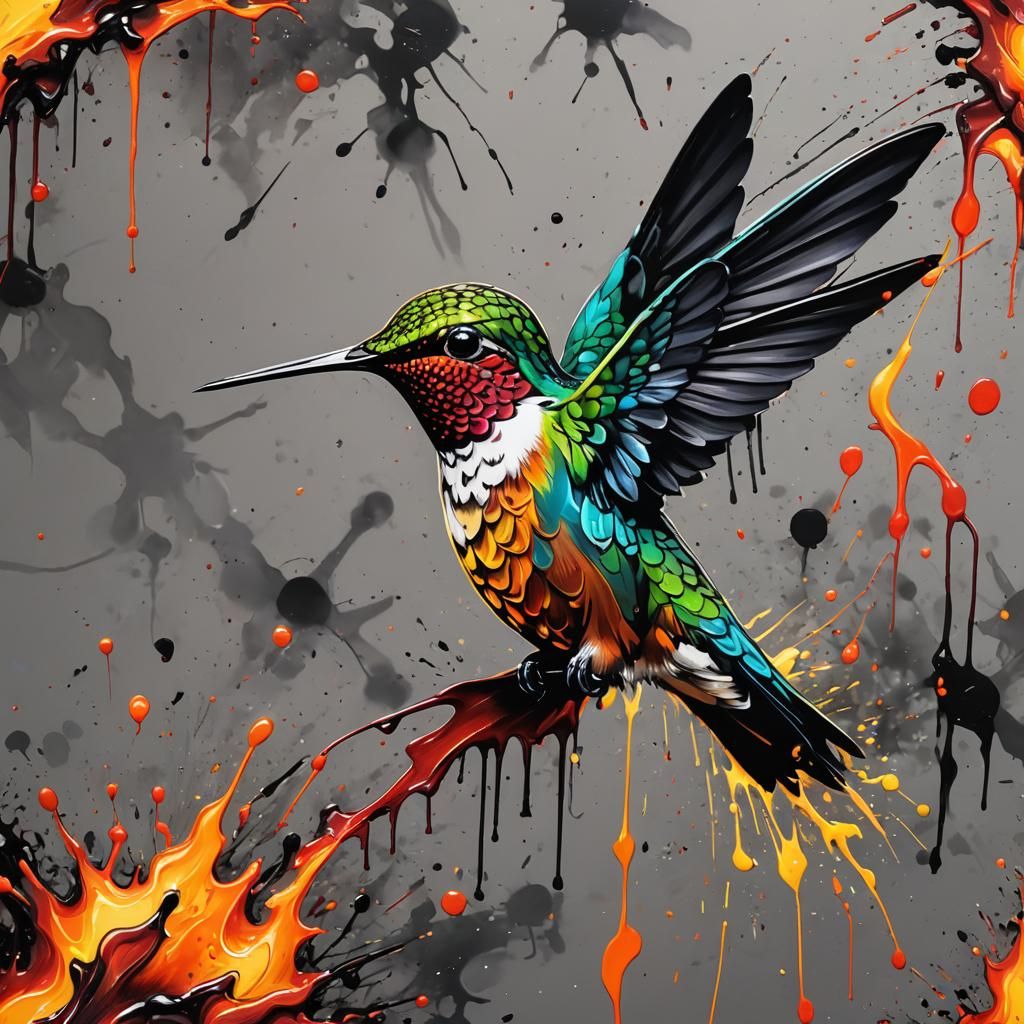 Hummingbird Ablaze: Graffiti and Splash Art Fusion