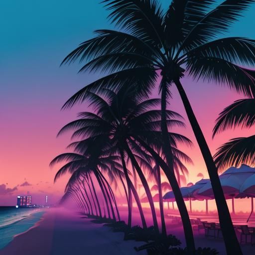 Neon-Drenched Miami Beach at Dusk: Digital Art