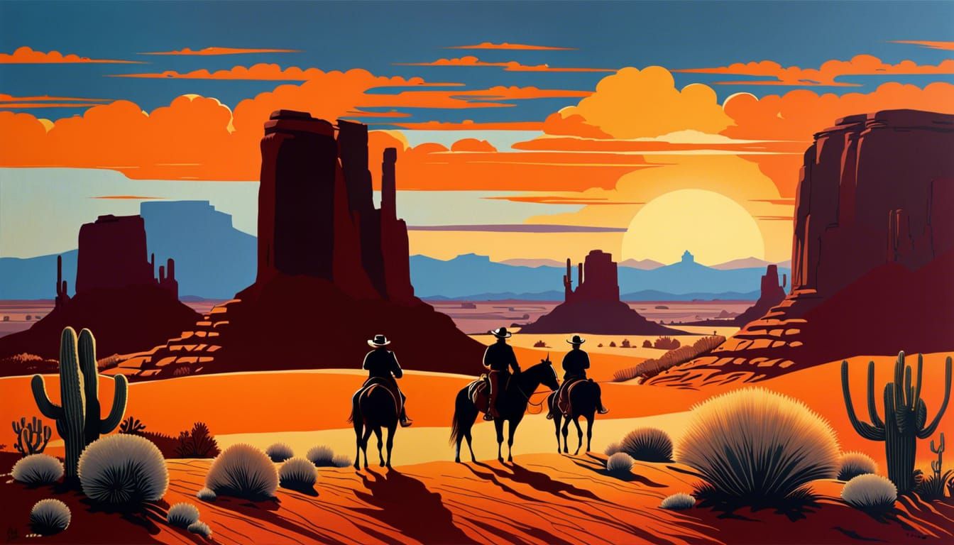 Cowboys Ride Through Monument Valley at Sunset
