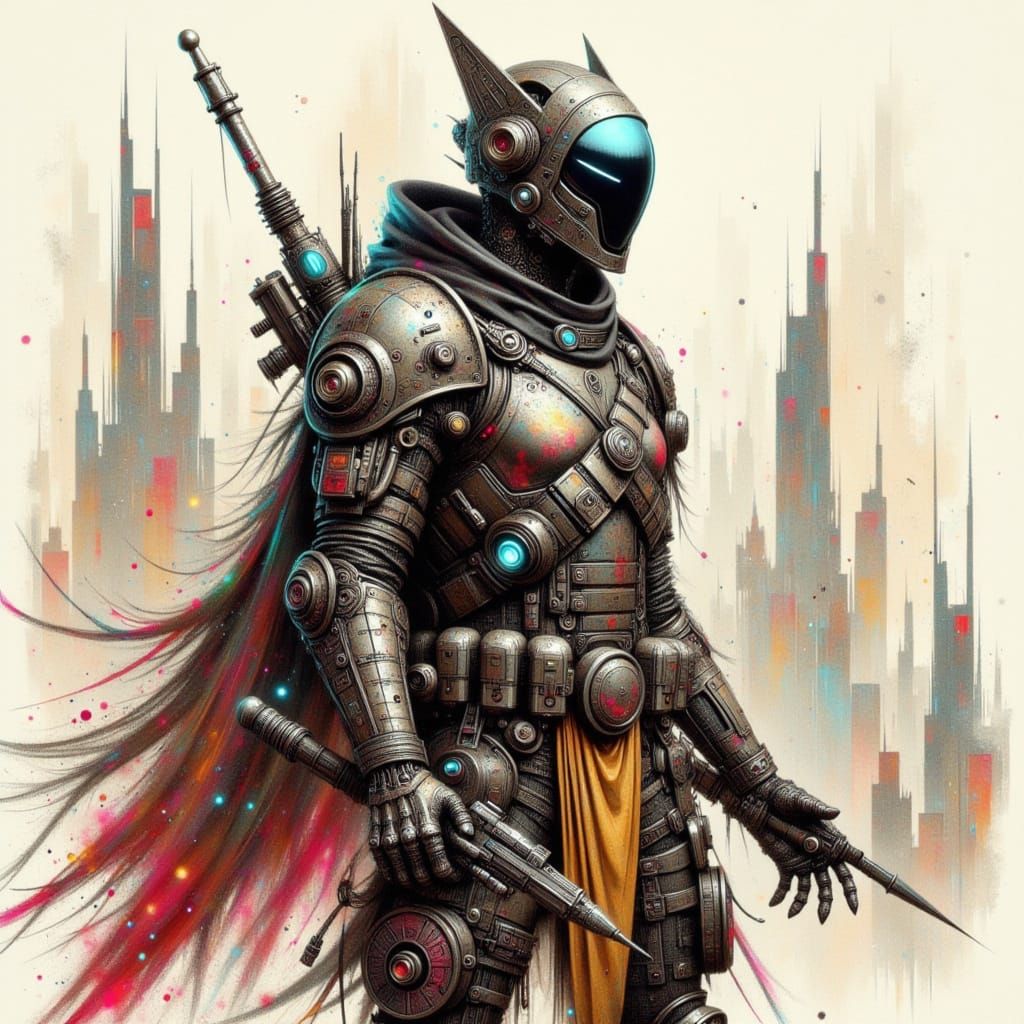 Cyberpunk Knight in Retro-Tech Urban Fantasy Style