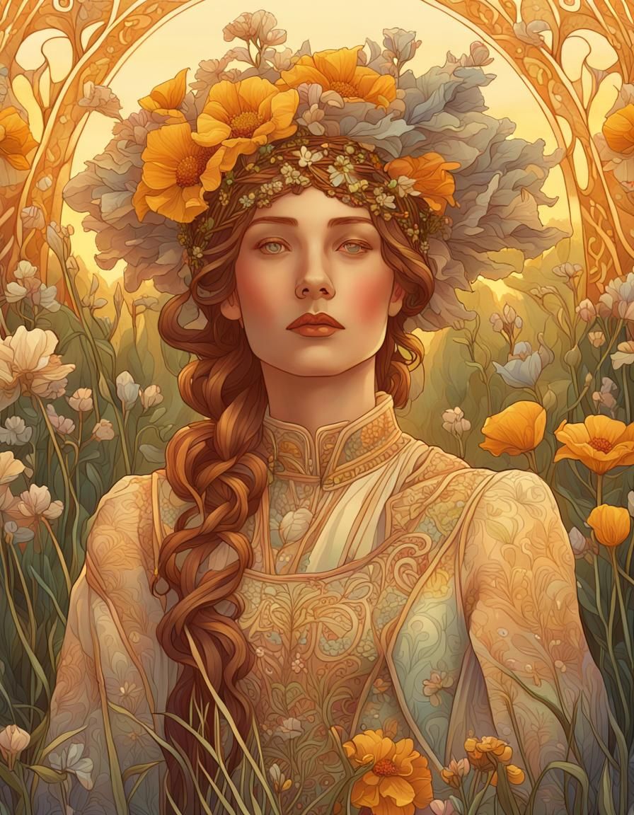 Art Nouveau Girl in Wildflower Field at Dawn