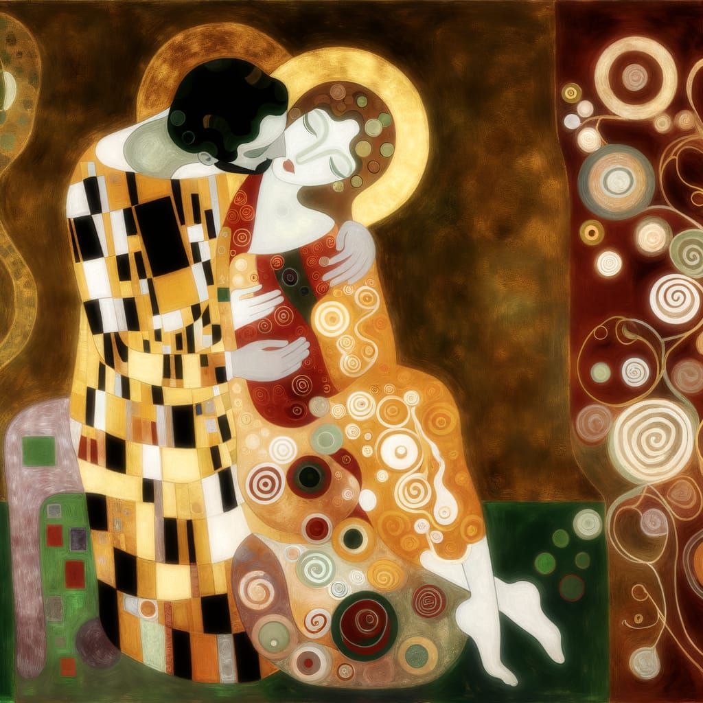 Stylized, Abstract Klimt-Inspired Painting of Intimate Coupl...