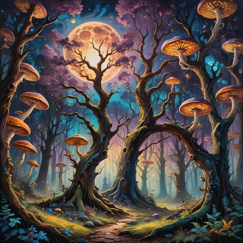 Mystical Forest Moonrise in Ethereal Oil Painting