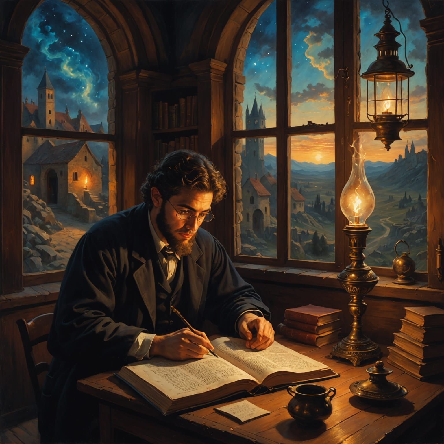 Yeshiva Student Studying Under Nebula Sky