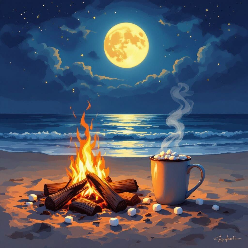 Cozy Beach Campfire Scene with Hot Chocolate Under the Moon