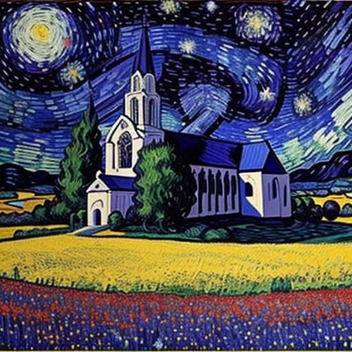 Church in Starry Flower Field: Van Gogh Style