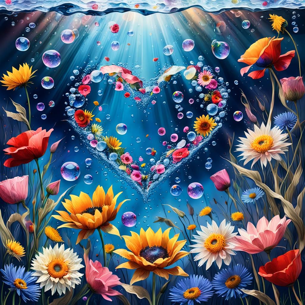 Underwater Broken Heart with Rainbow Flowers