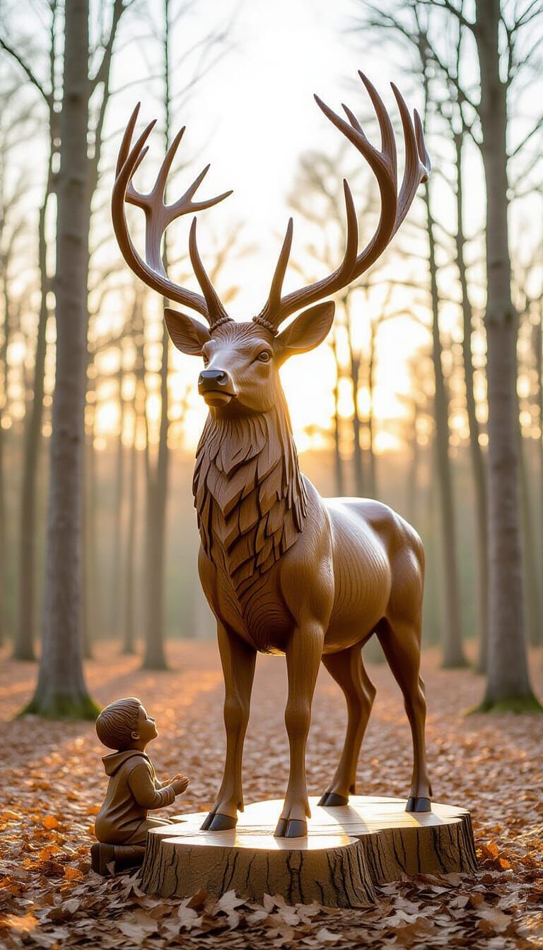 Carved Wooden Forest Guardian Stag