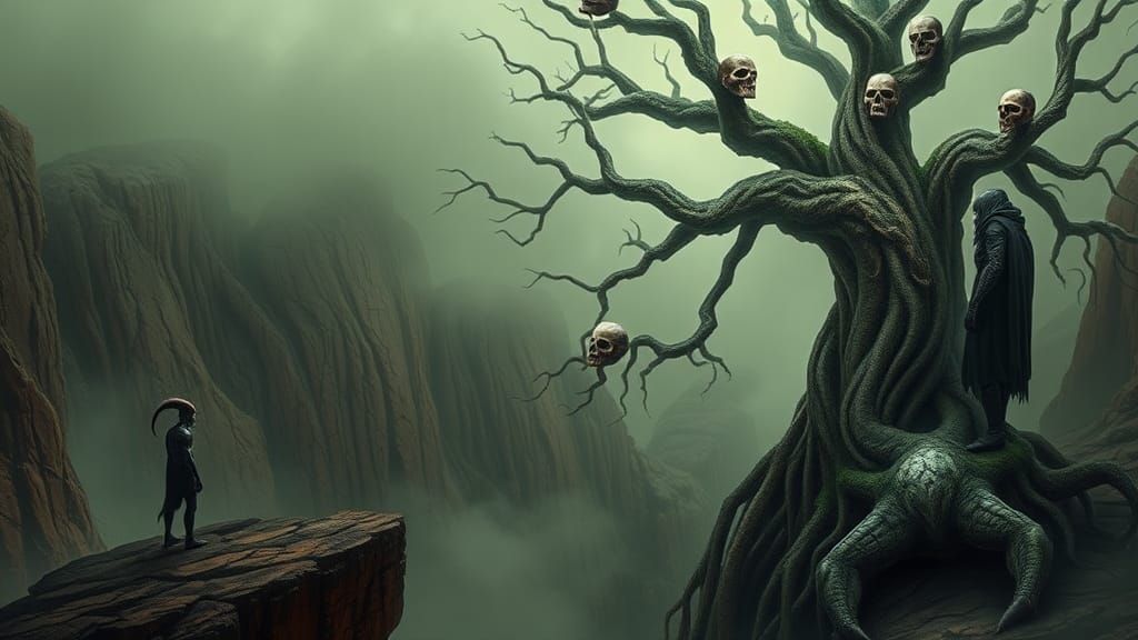 Demon and Armored Being Face-Off in Surreal Landscape