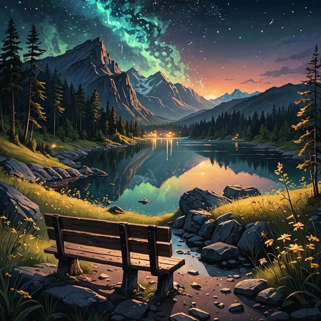 Mountain Lake View with Fireflies at Sunset