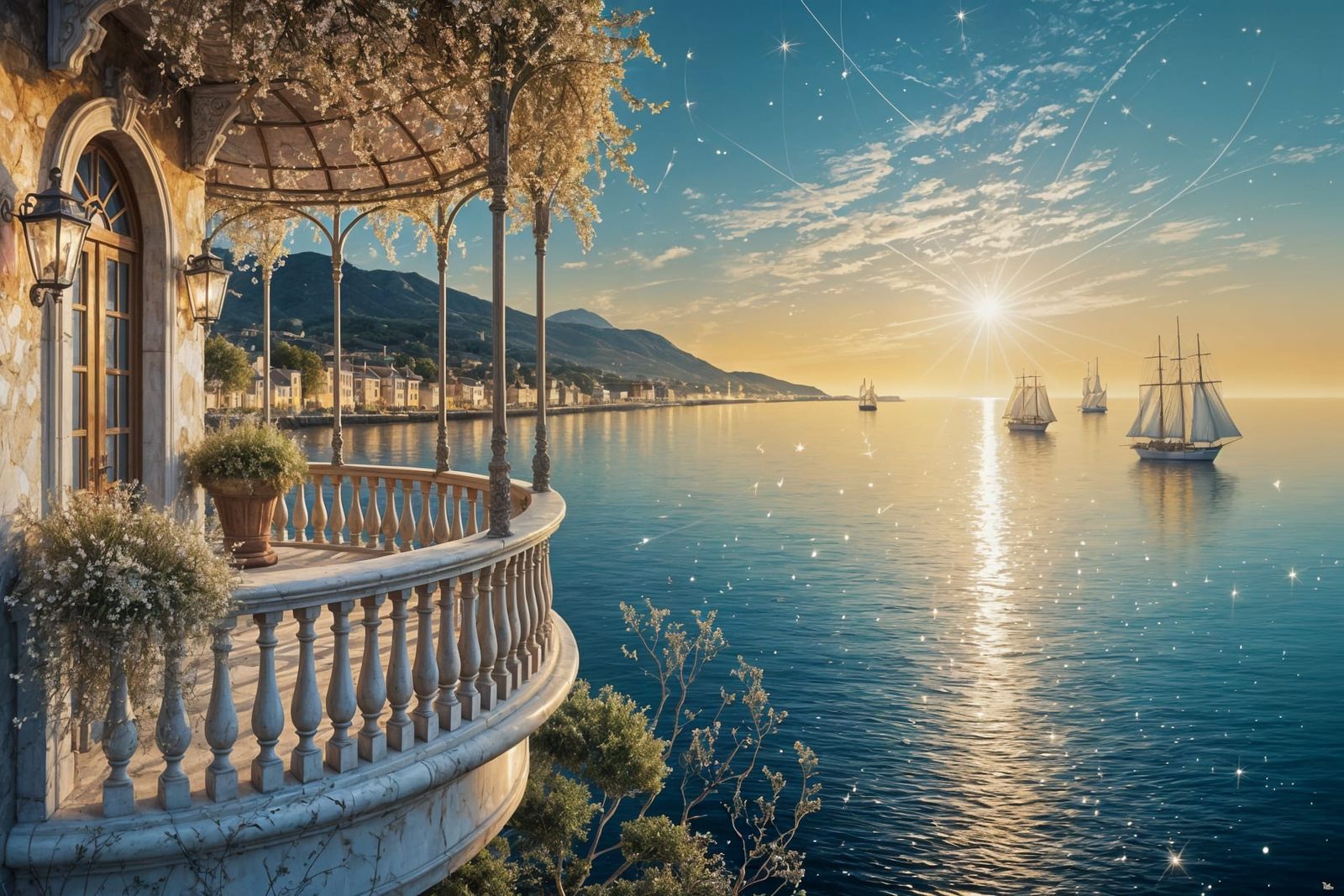 Golden Hour Seaside Town with Ships