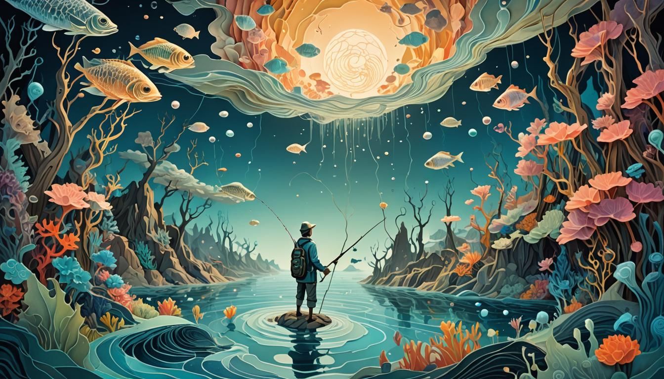 Surreal Fisherman in Bioluminescent Underwater Dreamscape
