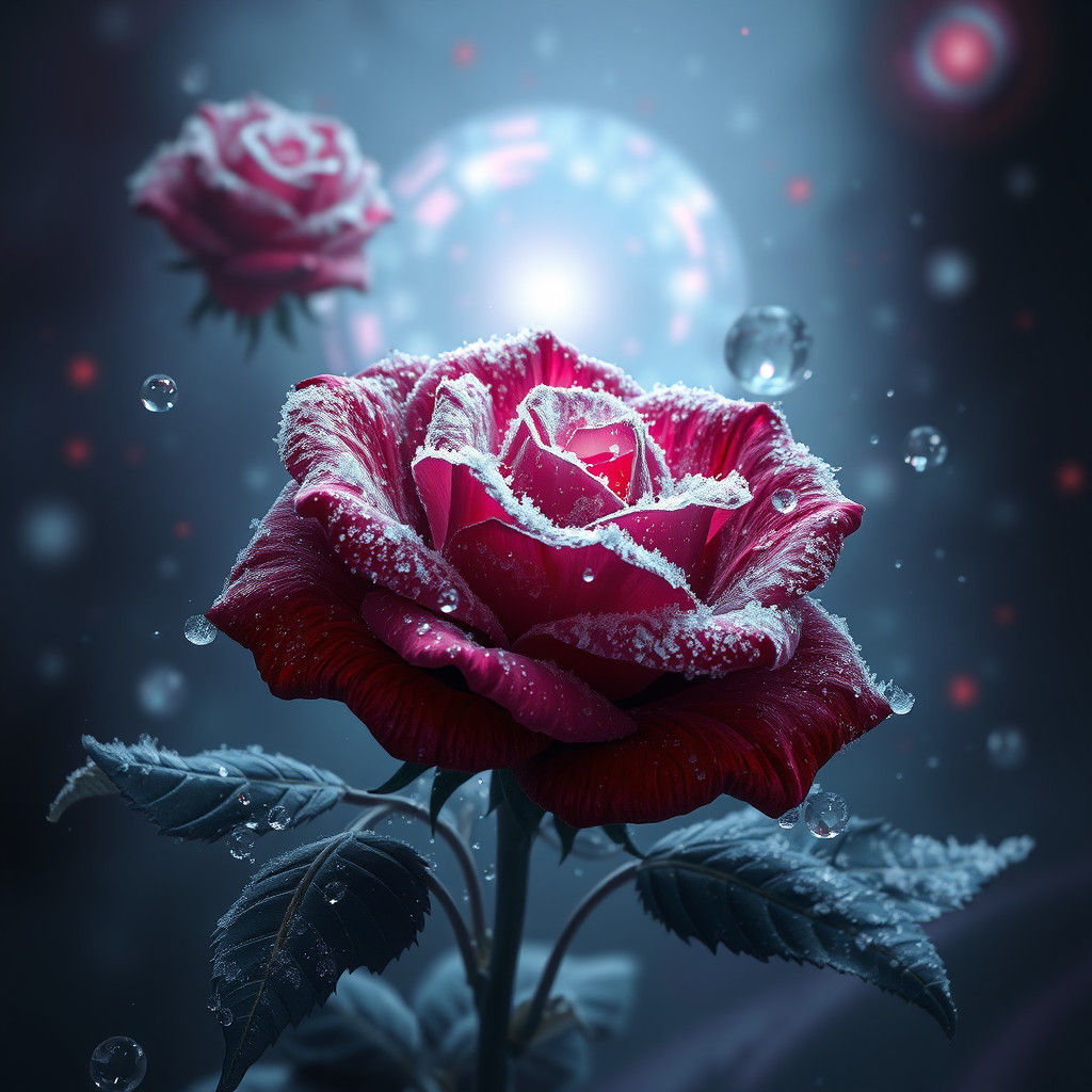 Frozen Red Rose Under Full Moon: Matte Painting