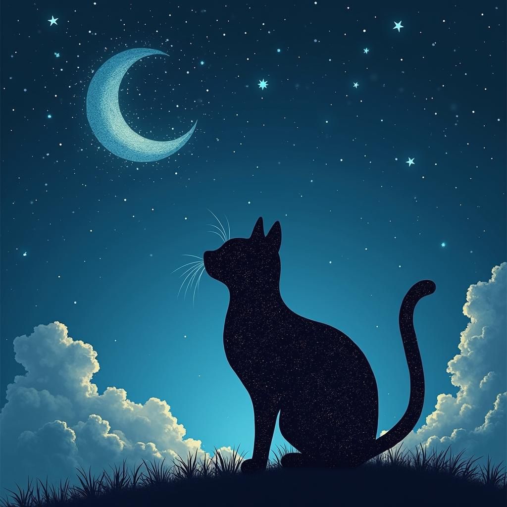 Starry Cat Silhouette Under Moonlight