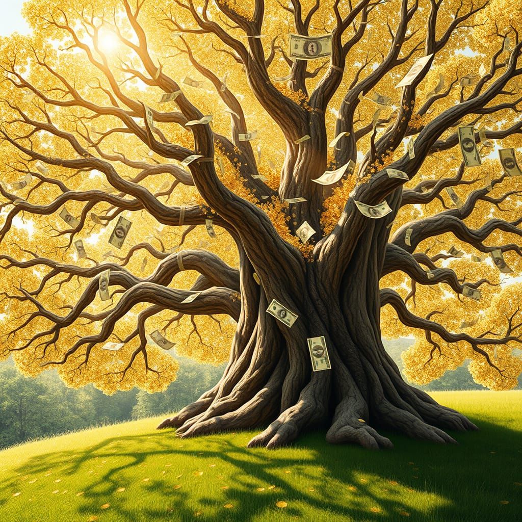 Golden Currency Tree of Prosperity in Whimsical Fantasy Styl...