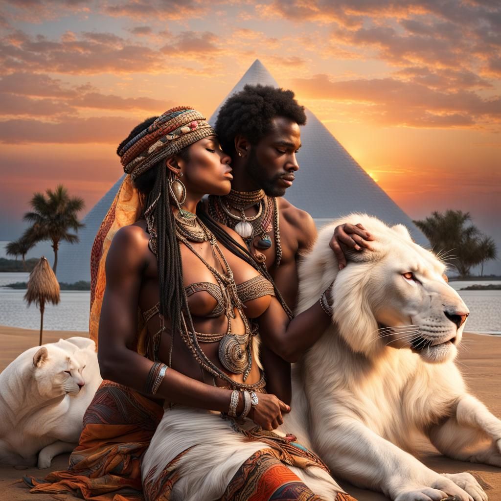 Romantic Beach Scene with Lions and Pyramids