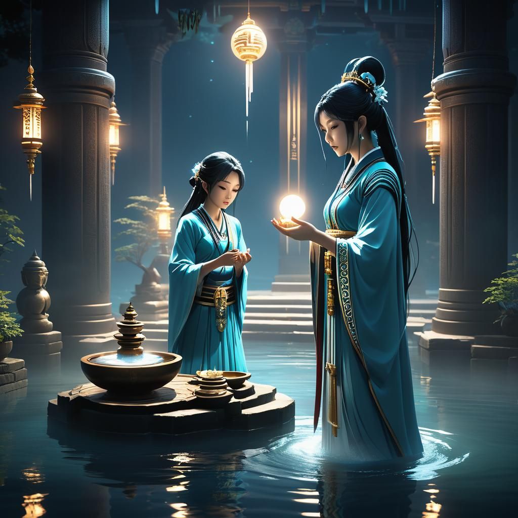 Priestess and Water Purification Ritual, Anime-Inspired 3D A...