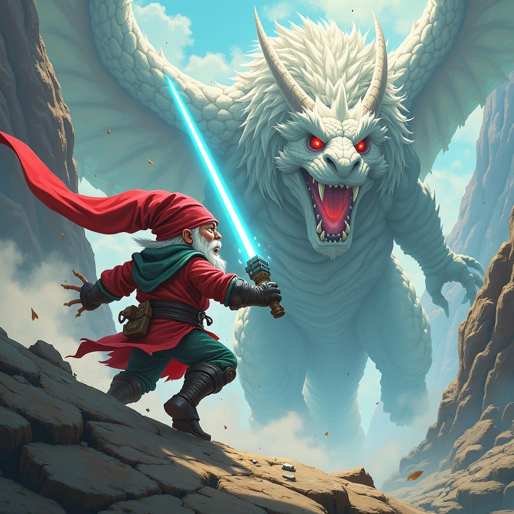 Gnome Lightsaber Battle with White Dragon in Anime Style