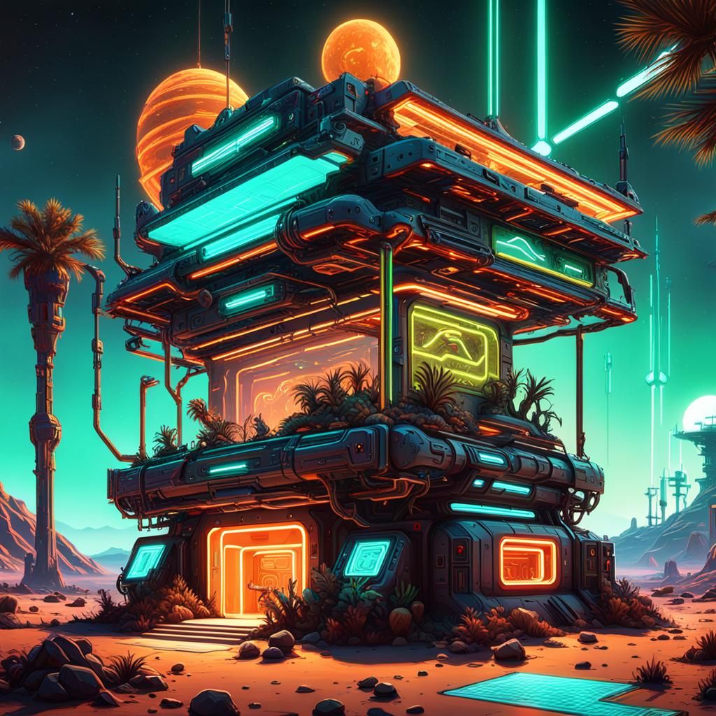 Robotic Companion in Desert Landscape with Neon Space Statio...