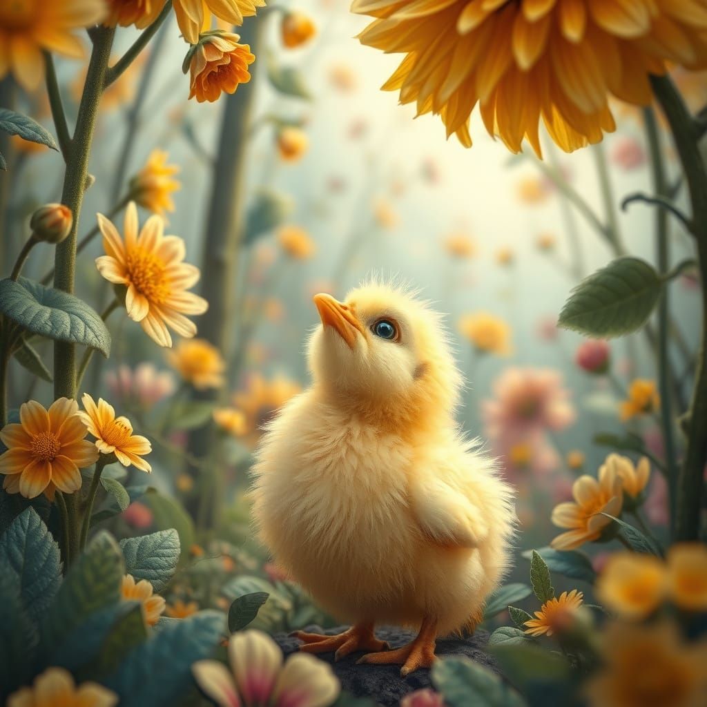 Baby Chick in Floral Forest, Audubon-Inspired Art