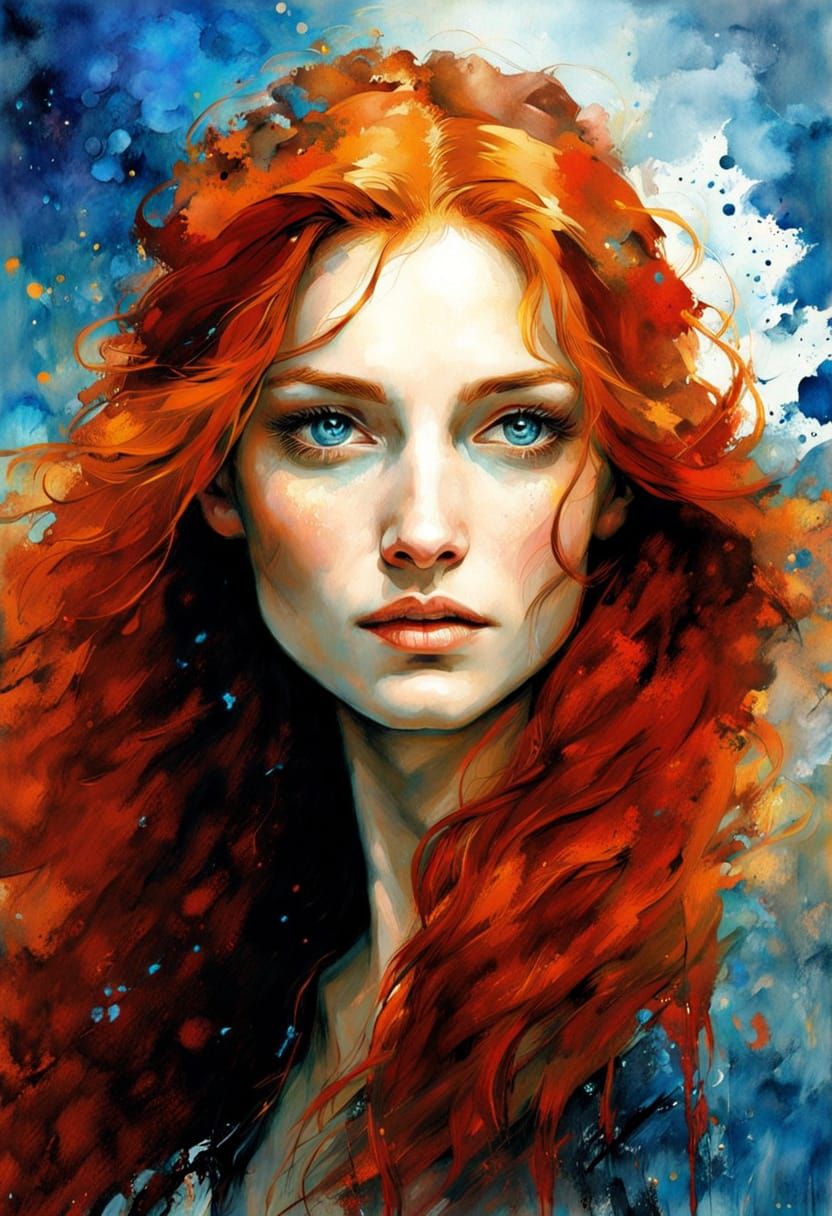 Beautiful lady with flowing red hair, a Mona Lisa smile, vivid blue eyes, moonlit sky background, 2/3 face angle, Happy ...