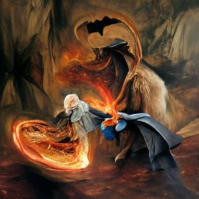 Epic Battle: Wizard Confronts Balrog in Fantasy Realm