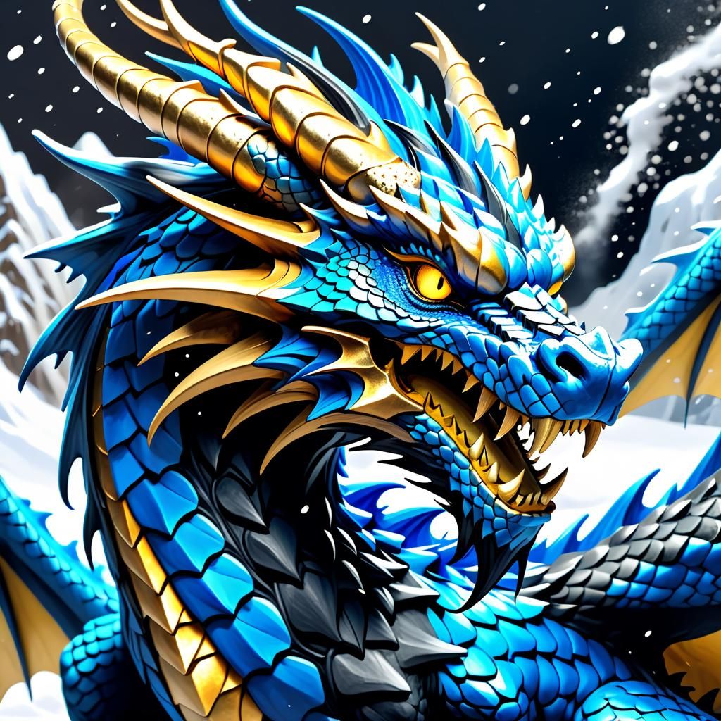 Fierce Blue and Gold Snow Dragon Close-Up