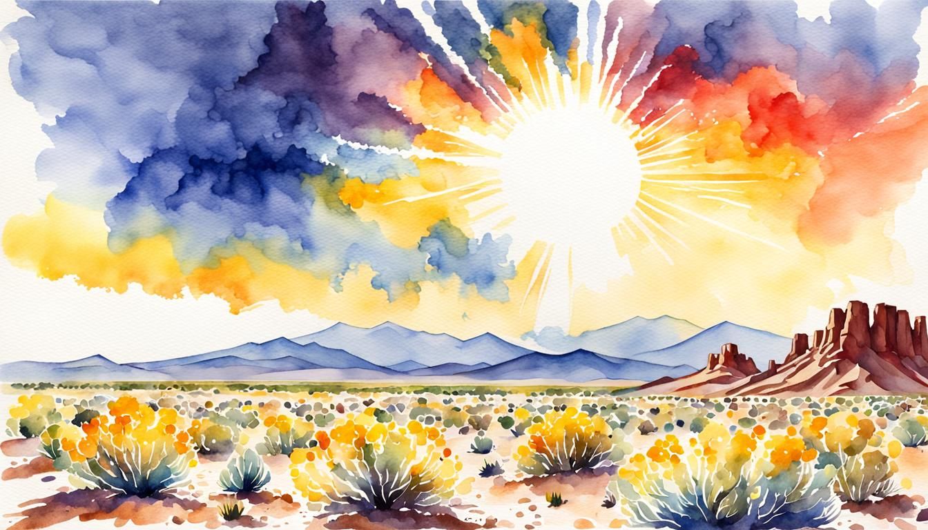 sagebrush country, radiating sun rays , desert storm brewing, Miguel Camarena, vivid watercolor art,