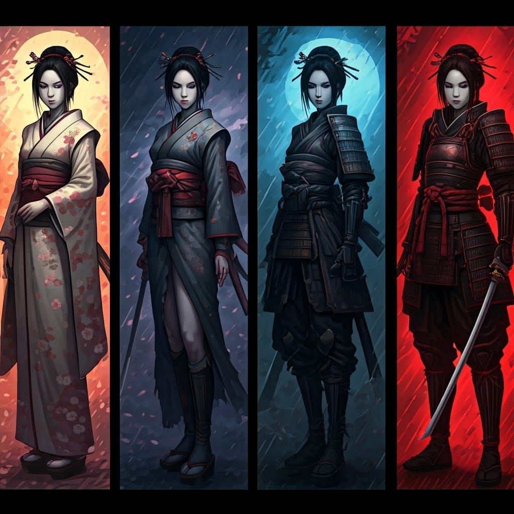 Elegant Geisha Warrior in Four Dynamic Fighting Stances
