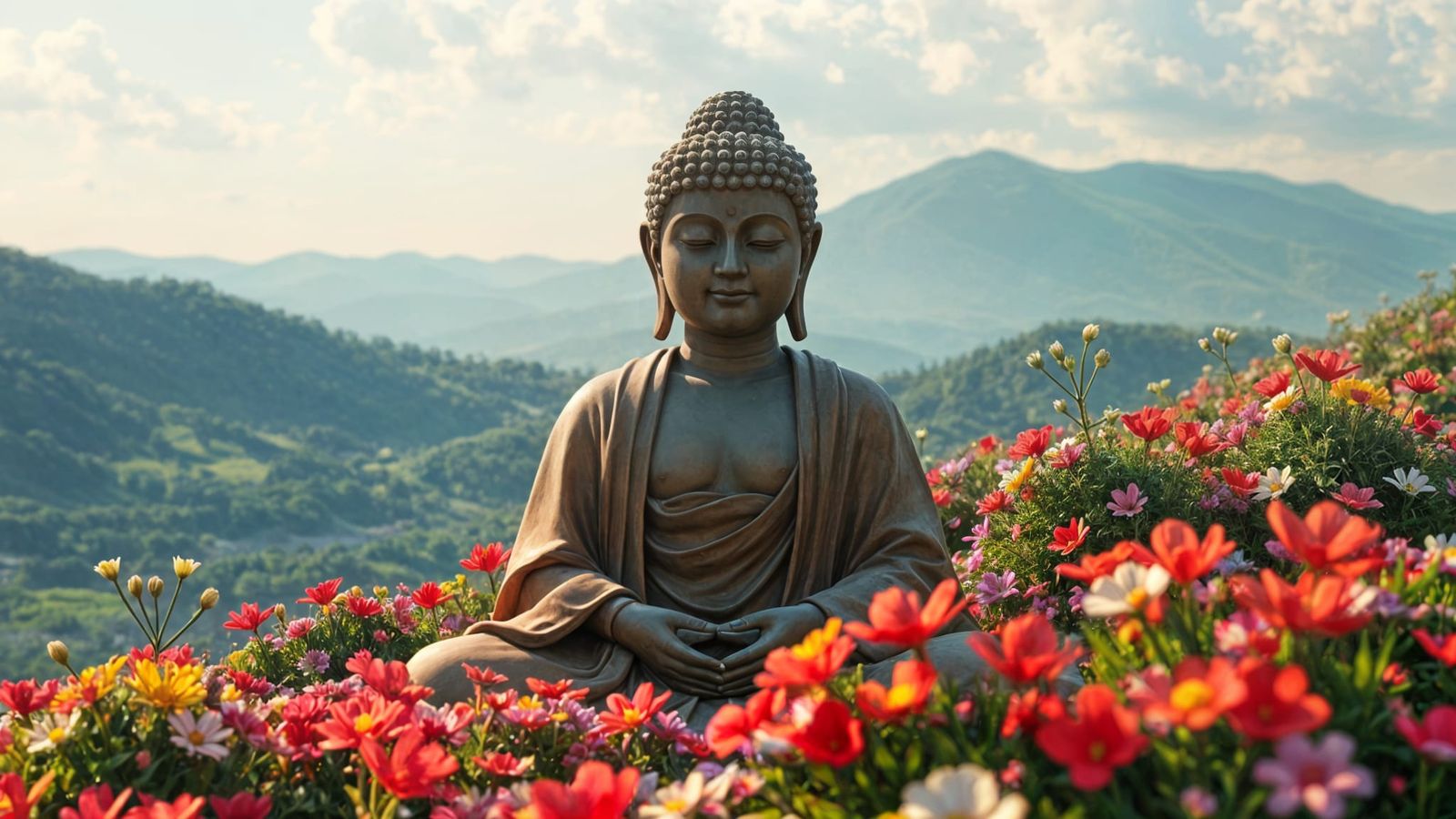 Serene Buddha in Vibrant Wildflower Landscape