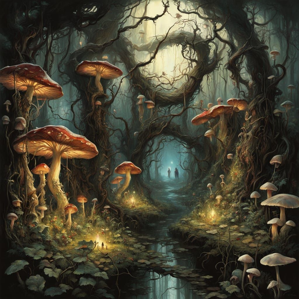 Eerie Garden with Glowing Eyes in Chiaroscuro Style