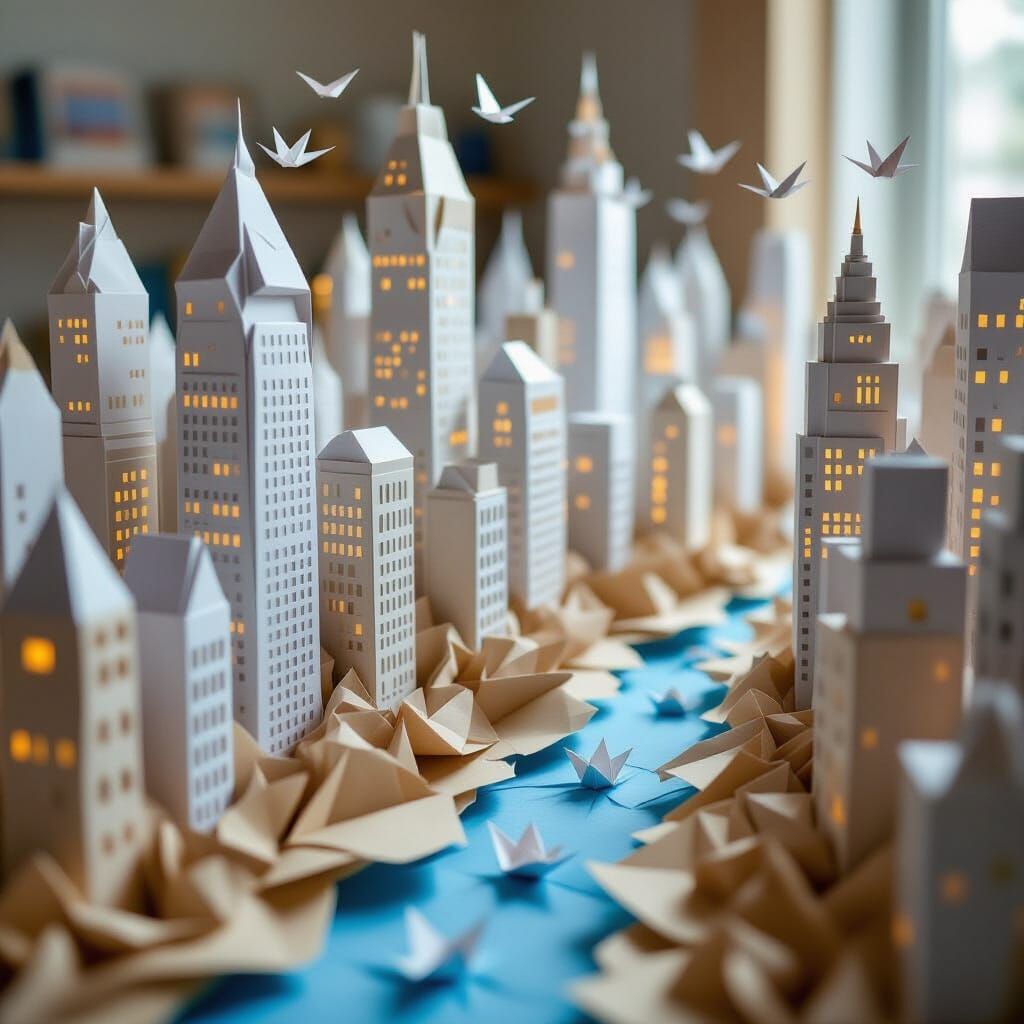 Intricate Paper City Metropolis with Origami Details