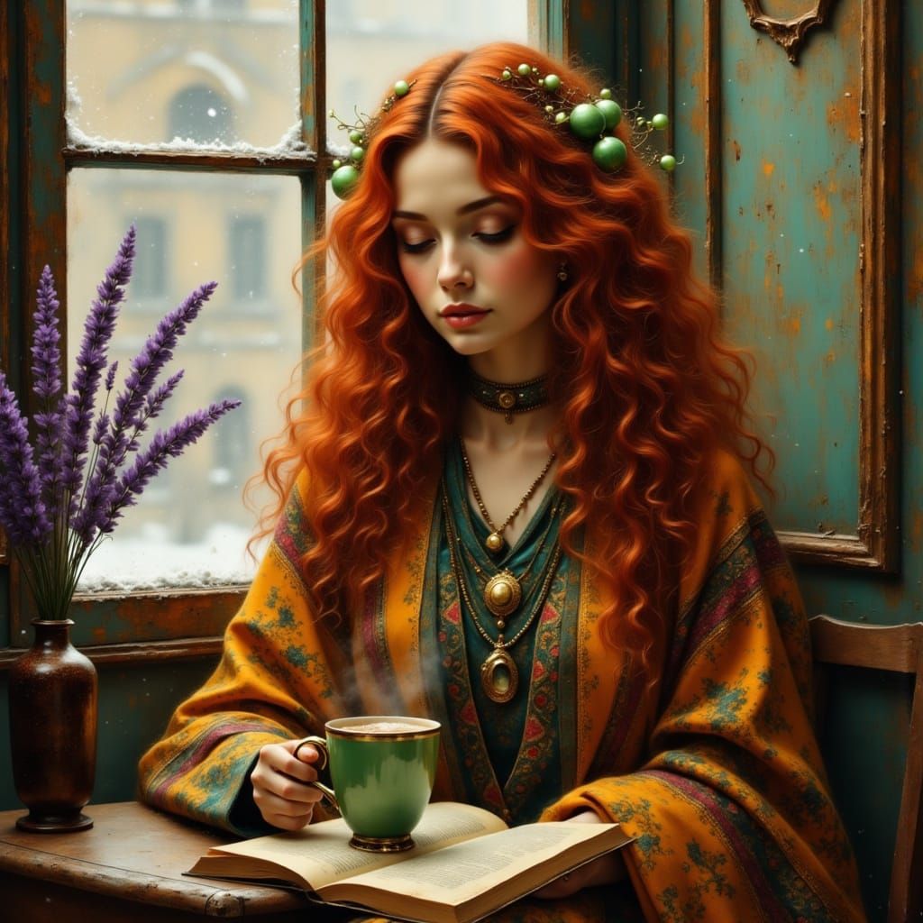 Bohemian Woman Reading in Cozy Cafe with Snowfall